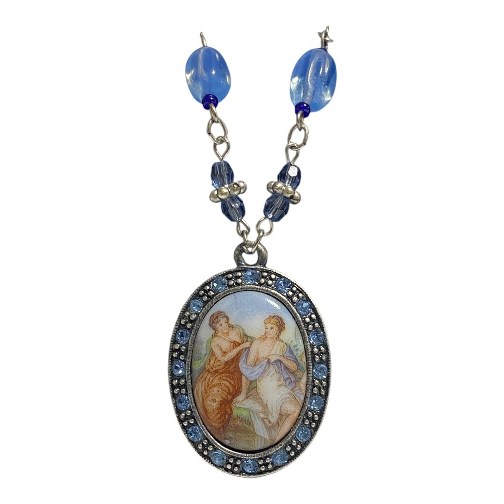 VTG 1928 Jewelers Silver Blue Victorian Style Beaded 16" Necklace OvaI Pendant